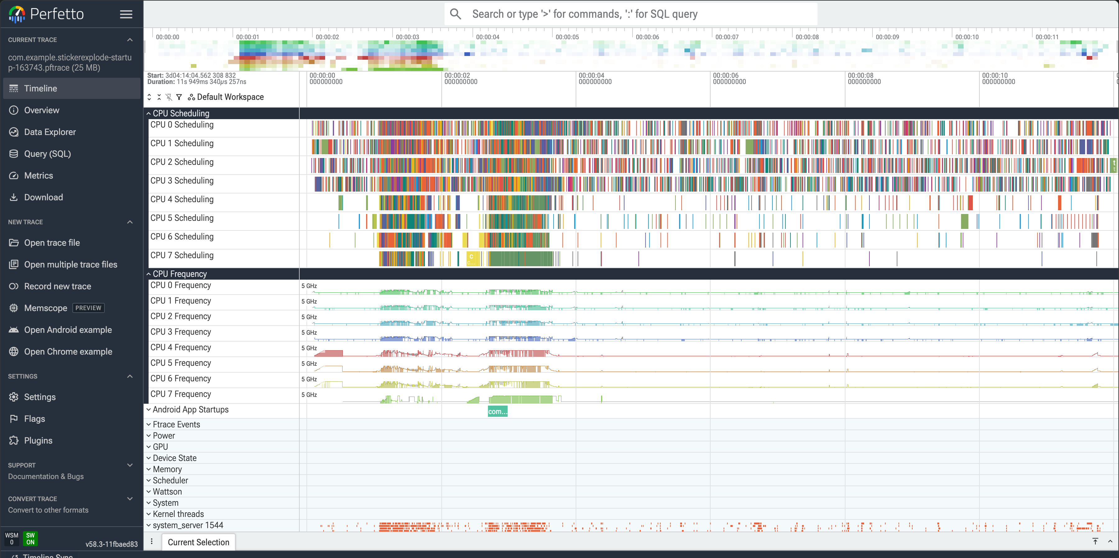 ui.perfetto.dev landing page — Open trace file, Record new trace, keyboard shortcuts