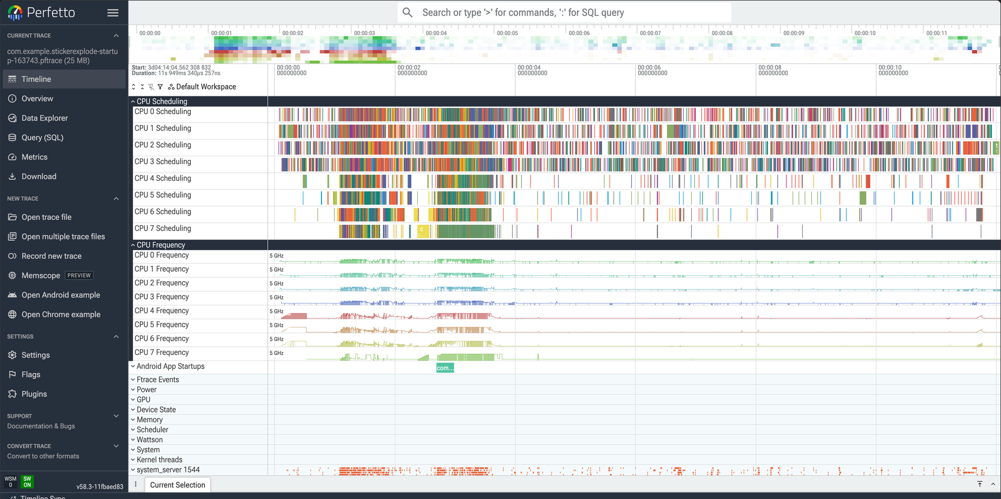 Perfetto UI with StickerExplode cold-start trace loaded — CPU Scheduling, CPU Frequency, Android App Startups tracks visible